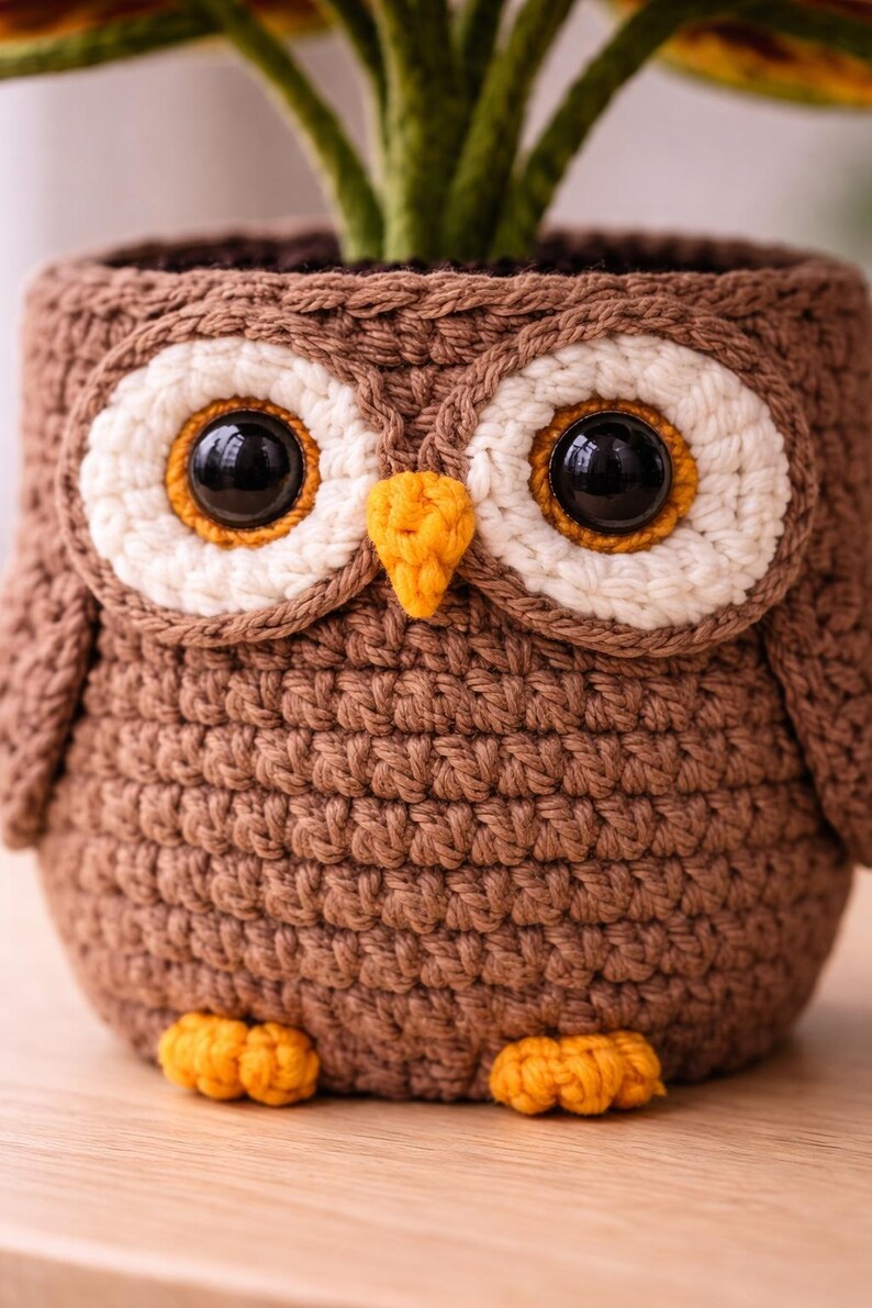 May include: A handmade crochet owl planter in shades of brown, cream, and orange. The owl has large, black eyes, cream-colored eye surrounds, and an orange beak and feet. The planter is designed to hold a small plant.