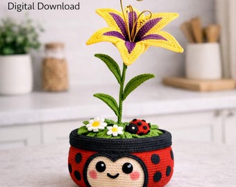 Ladybug Flower Pot Crochet Pattern PDF, 30 cm Lily Flower Amigurumi Plant, Cute Ladybug Planter Decor, Crochet Home Decor, Digital Download