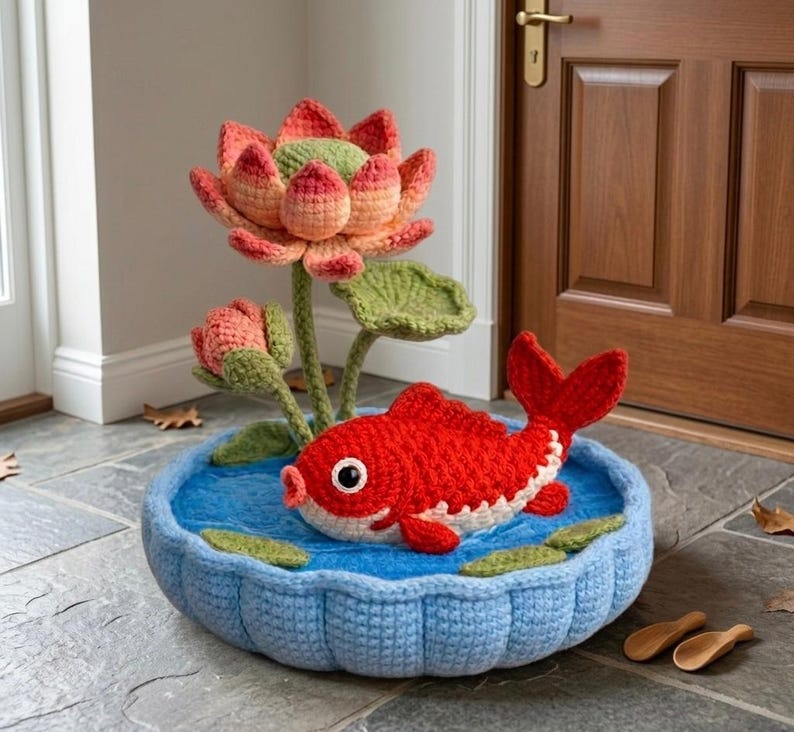 Puede incluir: Un pez koi de ganchillo en un estanque azul con una flor de loto. El pez es rojo con detalles blancos y un ojo grande. La flor de loto es rosa y verde. El estanque est&aacute; en un cuenco azul tejido.
