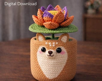 Squirrel Lotus Flower Pot Crochet Pattern PDF, Amigurumi Lotus Planter with Squirrel, 30 cm Crochet Home Decor Pattern, Digital Download