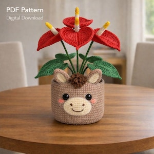 Donkey Flower Pot Crochet Pattern PDF, Anthurium Amigurumi Donkey Planter, 30 cm Crochet Flower Pot Decor, Cute Donkey Home Decor,