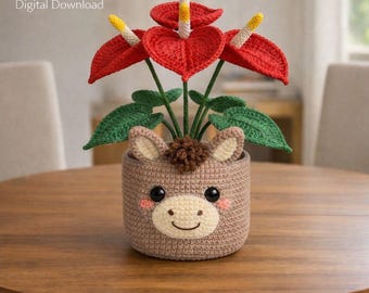 Donkey Flower Pot Crochet Pattern PDF, Anthurium Amigurumi Donkey Planter, 30 cm Crochet Flower Pot Decor, Cute Donkey Home Decor,