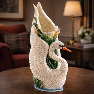 Puede incluir: Un jarrón hecho a mano en forma de cisne, tejido a ganchillo, de color crema. El cisne tiene un cuello largo y curvado y alas detalladas. El interior del jarrón está lleno de plantas de ganchillo verdes y amarillas. La base es azul y el pico es naranja.