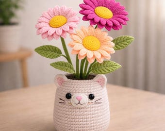 Cat Flower Pot Crochet Pattern PDF, Daisy Amigurumi Cat Planter, 30 cm Crochet Flower Pot Decor, Cute Cat Home Decor, Gift for Her