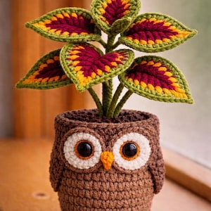 May include: Crocheted owl planter with a plant featuring leaves in shades of green, yellow, and burgundy. The owl planter is brown with large white and black eyes, and orange accents. A unique handmade home decor item.