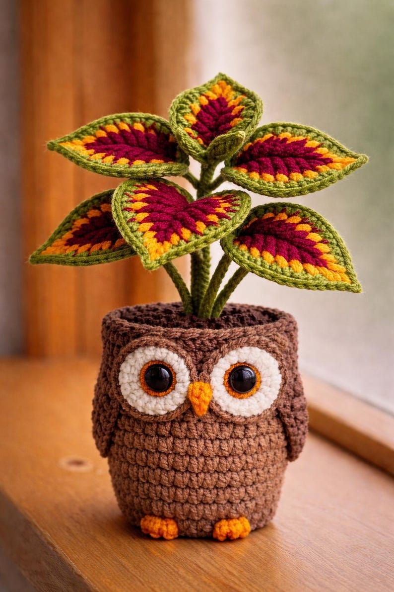 May include: Crocheted owl planter with a plant featuring leaves in shades of green, yellow, and burgundy. The owl planter is brown with large white and black eyes, and orange accents. A unique handmade home decor item.