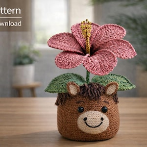 Horse Hibiscus Crochet Pattern PDF, Amigurumi Horse Flower Pot,30 cm Crochet Hibiscus Plant Decor Pattern, Farm Home Decor, Digital Download