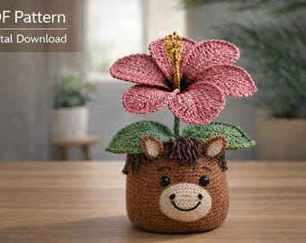 Horse Hibiscus Crochet Pattern PDF, Amigurumi Horse Flower Pot,30 cm Crochet Hibiscus Plant Decor Pattern, Farm Home Decor, Digital Download