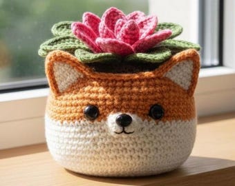 Fox Flower Pot Crochet Pattern PDF, 30 cm Amigurumi Fox Planter, Lotus Flower Crochet Pot, Cute Forest Home Decor, Gift for Her Download