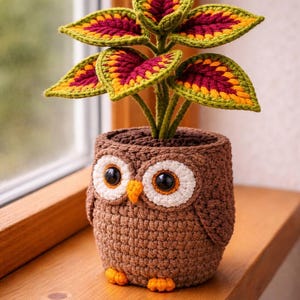 May include: A handcrafted crochet owl planter with a plant featuring green, yellow, and burgundy leaves. The owl planter is brown with large white-rimmed eyes, orange beak, and feet. The plant pot is sitting on a wooden surface.