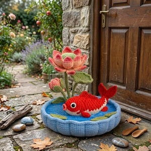 Puede incluir: Un pez koi de ganchillo hecho a mano en un estanque azul con una flor de loto. El pez rojo tiene detalles blancos y ojos grandes. La flor de loto es rosa y verde. El estanque est&aacute; en un cuenco azul. La escena est&aacute; al aire libre.