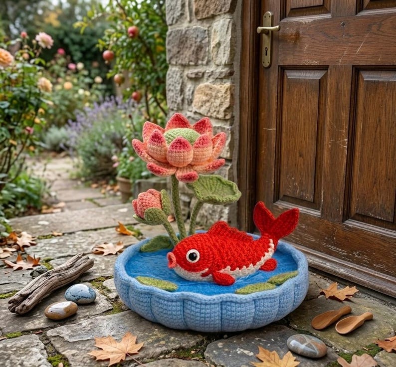 Puede incluir: Un pez koi de ganchillo hecho a mano en un estanque azul con una flor de loto. El pez rojo tiene detalles blancos y ojos grandes. La flor de loto es rosa y verde. El estanque est&aacute; en un cuenco azul. La escena est&aacute; al aire libre.
