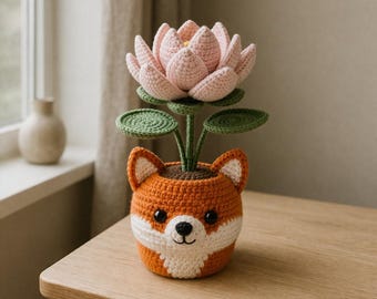 Fox Flower Pot Crochet Pattern PDF for Amigurumi Home Decor, Cute Animal Planter with Lotus Flower, Easy DIY, Instant Digital Download