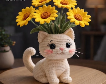 Cat Crochet Decor Pattern PDF, 30 cm Amigurumi Cat Flower Pot, Daisy Crochet Decor, Cute Home Decor, Gift for Her, Amigurumi Cat Pattern