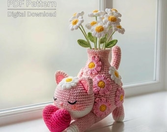 Daisy Cat Flower Pot Crochet Pattern PDF, 30 cm Amigurumi Cat Planter, Cute Crochet Home Decor, Stuffed Flower Pot Gift for Her, Digital PDF