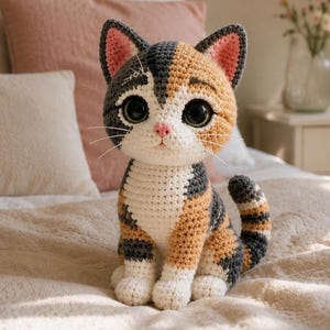 May include: A handmade crochet cat doll with large black eyes, pink nose, and whiskers. The cat features a tricolor pattern of white, orange, and gray. The cat is sitting upright with its tail curled.