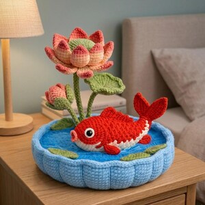 Puede incluir: Una pieza decorativa de ganchillo con un pez rojo y blanco en un estanque azul, con una flor de loto rosa y verde. El pez tiene un ojo grande y est&aacute; rodeado de nen&uacute;fares verdes. El estanque est&aacute; en un cuenco de ganchillo azul.