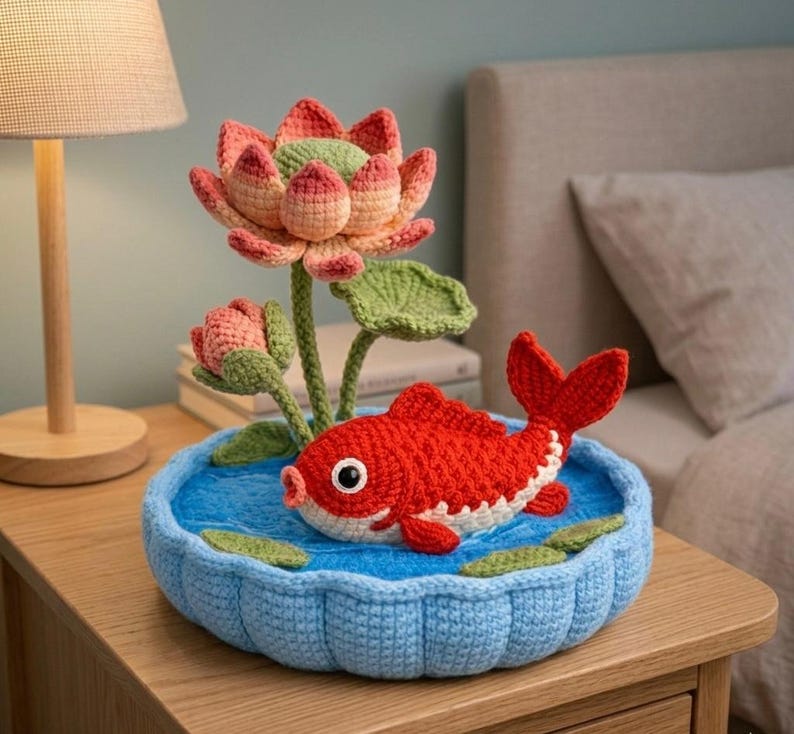 Puede incluir: Una pieza decorativa de ganchillo con un pez rojo y blanco en un estanque azul, con una flor de loto rosa y verde. El pez tiene un ojo grande y est&aacute; rodeado de nen&uacute;fares verdes. El estanque est&aacute; en un cuenco de ganchillo azul.