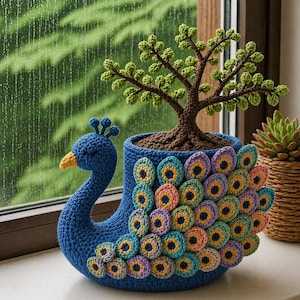 Puede incluir: Una maceta de pavo real de ganchillo azul hecha a mano con un pico amarillo y plumas de cola coloridas. La maceta contiene un pequeño árbol bonsái. Una planta suculenta en una cesta tejida está a la derecha, cerca de una ventana.