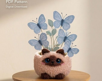 Siamese Cat Flower Pot Crochet Pattern PDF, 30 cm Amigurumi Cat Planter, Butterfly Flower Crochet Pot, Cute Home Decor, Digital Download