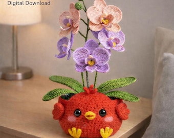 Bird Flower Pot Crochet Pattern PDF, 30 cm Orchid Amigurumi Plant, Cute Red Bird Planter Decor, Crochet Flower Pot Pattern, Digital Download