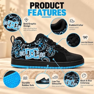 May include: A black low-top sneaker featuring a blue and white graphic pattern and the DC logo. The shoe includes a padded collar, lace-up closure, and a durable rubber sole. Text on the image reads PRODUCT FEATURES, Bold Graphic Design, Padded Collar, Lace-Up Closure, Durable Rubber Sole, Low-Top Silhouette, and Black & Blue Colorway.
