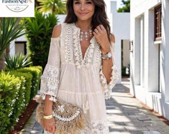 Boho Lace Mini Dress Women Summer Beach Casual Outfit
