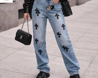 Calça Jeans Gótica com Patch de Cruz Azul, Estilo Streetwear Y2K, Unissex, Estilo Baggy