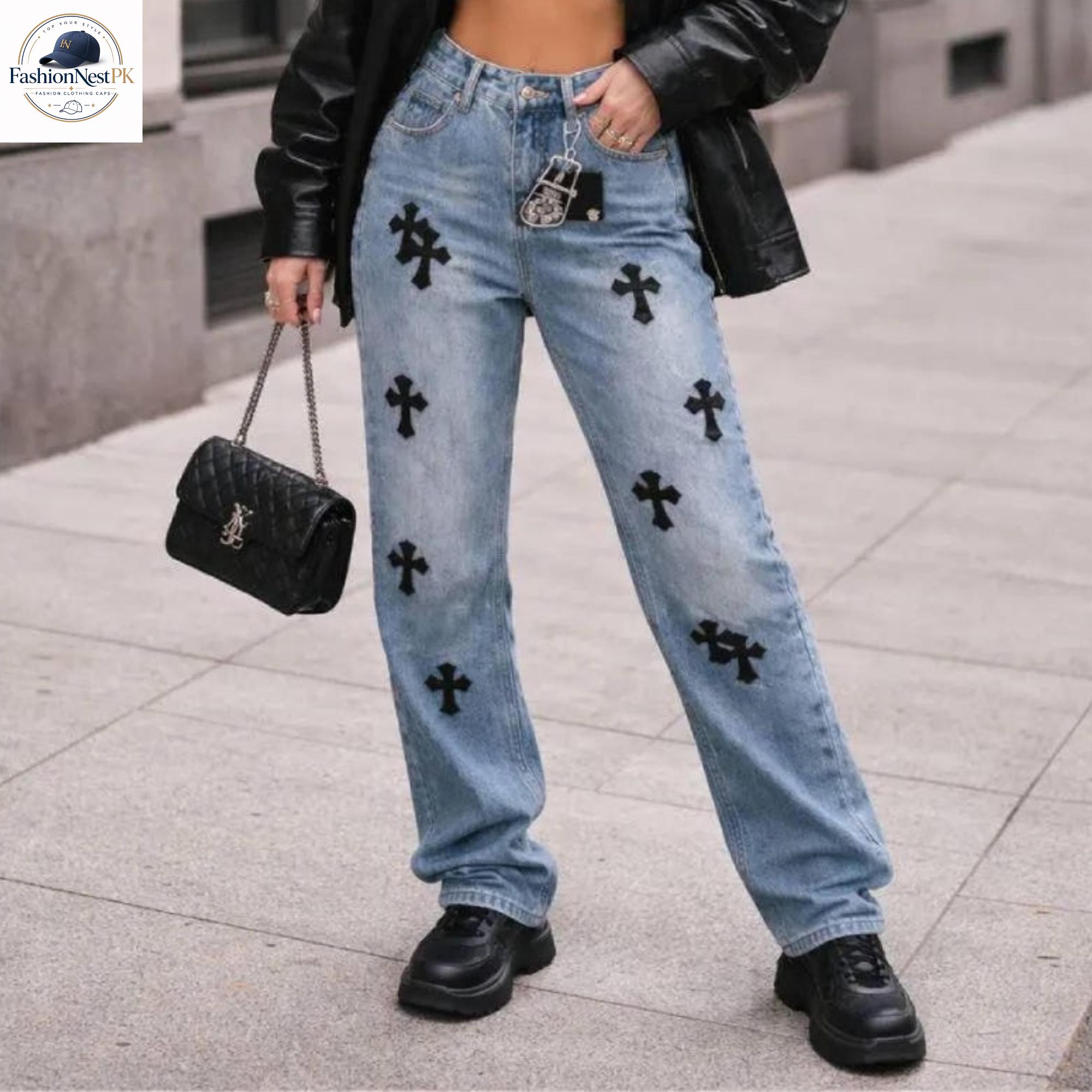 パンツ 00s archive y2k flare denim cross studs Cross Studs Stretch Washed Distressed Flare Jeans – ARCANA ARCHIVE
