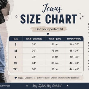 May include: Light blue jeans with black cross appliques. The image includes a size chart with waist measurements in inches and centimeters, ranging from 28" (71 cm) to 36" (91 cm). The jeans have a baggy fit and are part of a trendy streetwear collection.