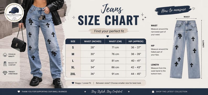 May include: Light blue jeans with black cross appliques. The image includes a size chart with waist measurements in inches and centimeters, ranging from 28" (71 cm) to 36" (91 cm). The jeans have a baggy fit and are part of a trendy streetwear collection.