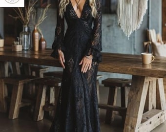 Lace Maxi Dress Long Sleeve V Neck Boho Cottagecore Gown Women sleeved dress