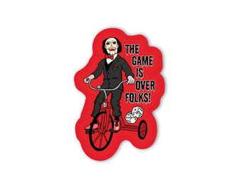 game is over, saw doll, halloween, ghost, spooky season, sticker, retro stickers, 90s, shiny PVC vinyl, horror movie, pop culture