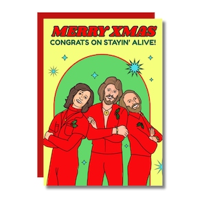 Feliz Navidad, ¡Felicidades por seguir vivo!, Tarjeta navideña divertida, regalo para papá/mamá, años 60, 70, 80, música disco, beegees, divertida, regalo para él/ella.