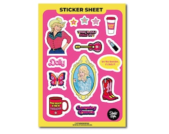 May include: A sticker sheet with a pink background and a yellow border. The sheet features various stickers with a country music theme, including a guitar, cowboy boots, and a portrait. Text includes "Dolly" and "Country Queen."
