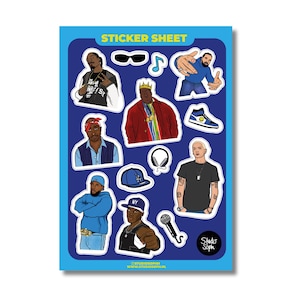 May include: A sticker sheet featuring illustrations of various hip-hop artists, a microphone, headphones, sunglasses, a blue baseball cap, and a high-top sneaker. The sheet has a dark blue background with the text STICKER SHEET at the top.