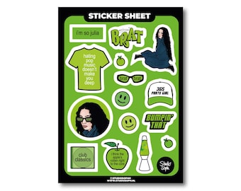 brat girl sticker sheet, pop star, smiley, stars, fun, girly, for her, gift