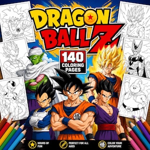 以下が含まれることがあります： アニメシリーズのキャラクターが登場する、140ページのドラゴンボールZぬりえ。表紙には黄色と赤でタイトルが表示され、キャラクターの画像と色鉛筆が描かれています。
