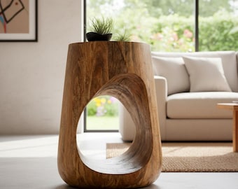 Solid Wood Sculptural Accent Table – Organic Modern Stool, Minimalist Pedestal Stand