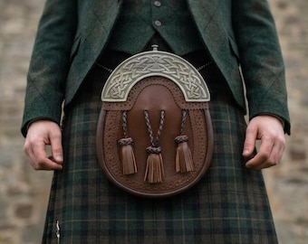 Sporran celtique en cuir marron, sporran kilt écossais antique avec 3 glands, chaîne et ceinture