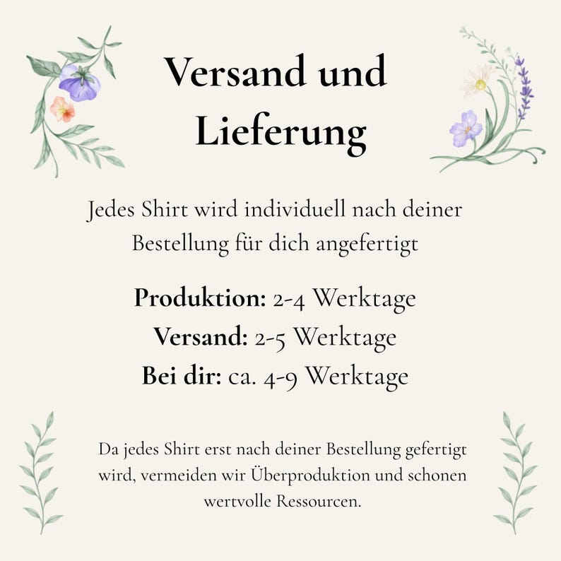Op de afbeelding: Een cr&egrave;mekleurige informatieve afbeelding met de Duitse tekst 'Versand und Lieferung' bovenaan, gevolgd door details over productie- en verzendtijden, versierd met delicate aquarel bloemenillustraties in de hoeken van het ontwerp.