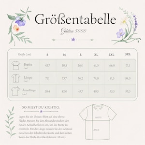 Op de afbeelding: Een Gildan 5000 maattabel voor unisex t-shirts met een overzicht van breedte-, lengte- en mouwlengtematen in centimeters voor de maten S tot 3XL, inclusief een diagram dat illustreert hoe het kledingstuk correct moet worden opgemeten.