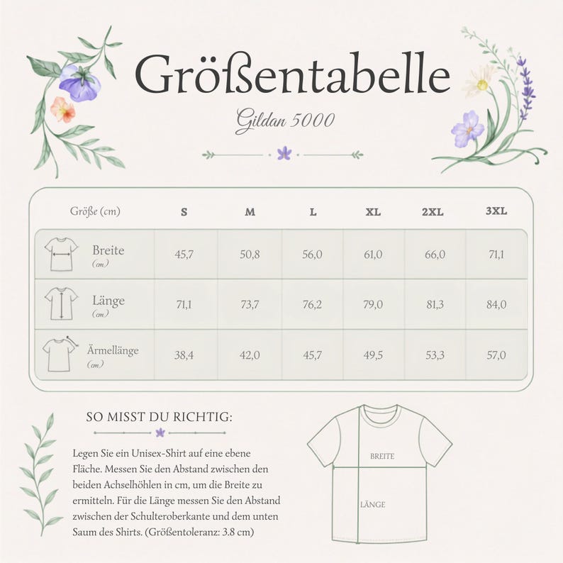 Op de afbeelding: Een Gildan 5000 maattabel voor unisex t-shirts met een overzicht van breedte-, lengte- en mouwlengtematen in centimeters voor de maten S tot 3XL, inclusief een diagram dat illustreert hoe het kledingstuk correct moet worden opgemeten.
