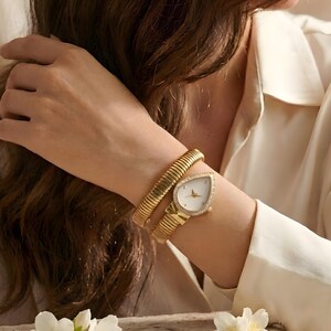 Gold Vermeil Serpent Wrap Coil Watch: Moissanite Diamond Snake Jewelry Ladies Watches Bracelet