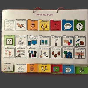 May include: A white communication binder titled I'll Give You a Clue! featuring colourful tabbed sections and icons representing categories like people, actions, places, and feelings. The pages include labelled illustrations for letters, activities, food, animals, and daily objects to assist with language development.