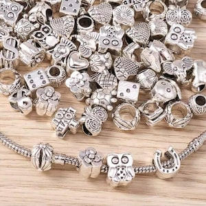 Può includere: Perline charm argentate in varie forme, tra cui cuori, dadi, fiori e gufi. Alcune perline presentano dettagli incisi e sono sparse su una superficie di legno, con alcune infilate su una catena d'argento.