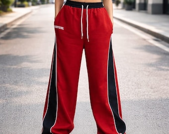 Women’s Red Track Pants, Oversized Streetwear Sweatpants, High Waist Joggers with Side Stripe, Baggy Athleisure Pants, Casual Urban Trousers