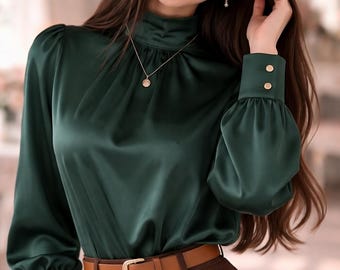 Emerald Green Premium Silk Blouse for Women | Elegant Satin Look Shirt | High Neck Long Sleeve Office & Formal Top  | Silk Blouse | Gift