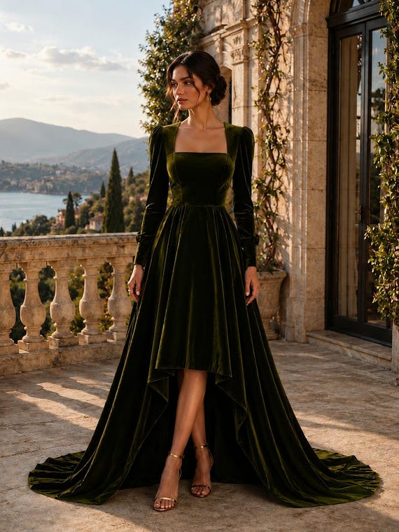 olive green high low dress Velvet for Women, Long Tail Evening Gown, Elegant Formal Maxi Dress, Luxury Wedding Guest Dress Must Haves For Beginners