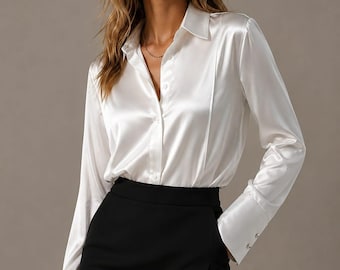 Damen weißes Seidenhemd, elegante Seidenbluse, langärmeliges Bürohemd, schickes formelles Partyoberteil, minimalistische Modebluse